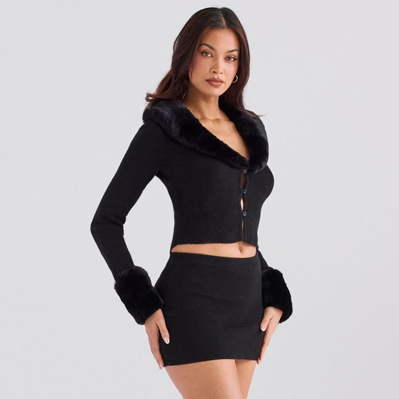 NEW House of CB Blanche Faux Fur Trim Cardigan Black Small - Picture 5 of 17